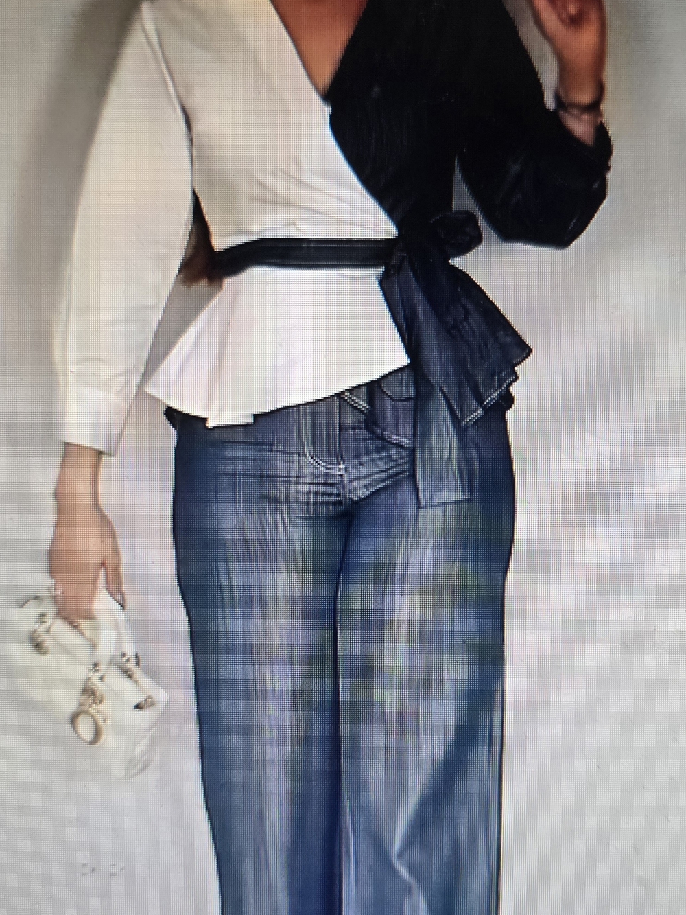 Two-Tone Black & White Wrap Peplum Top with Tie